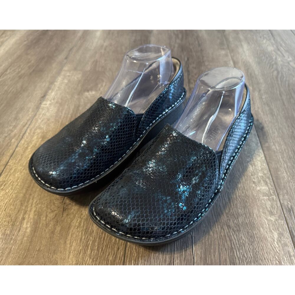 Alegria Black Snake Print Mules
